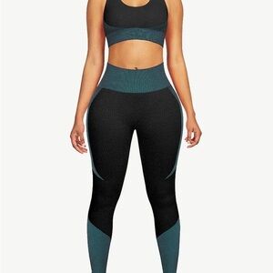 Seamless Sports Bra and High Waisted Leggings Set Black Teal Activewear